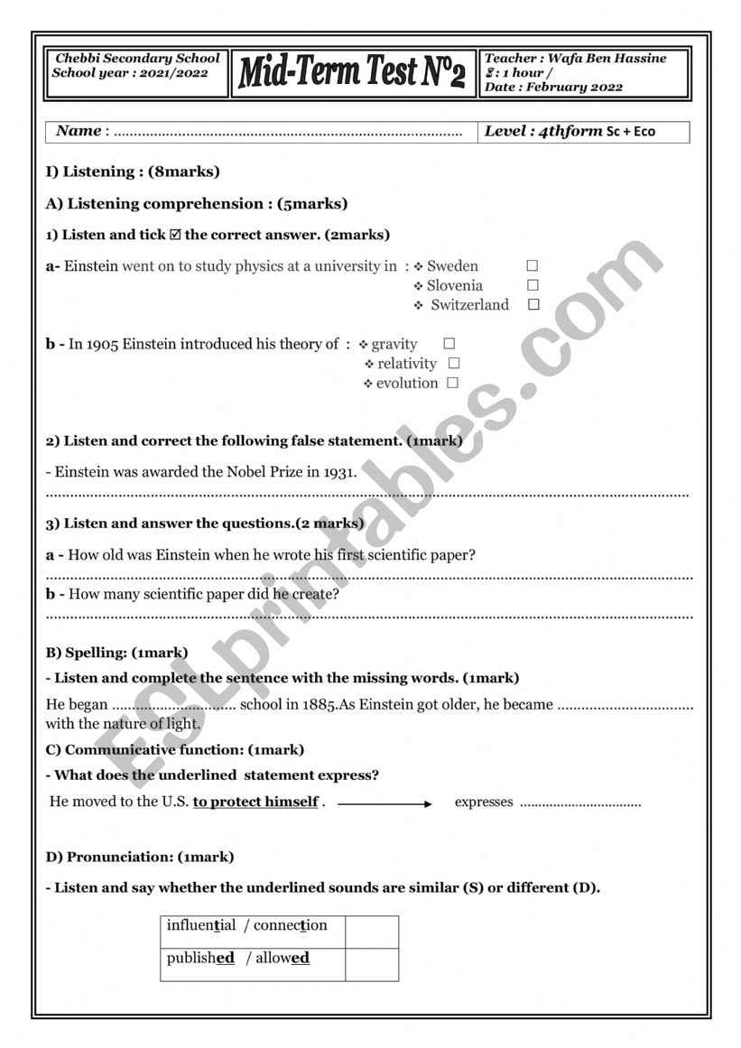 Mid-Term Test N2 (4th form) worksheet
