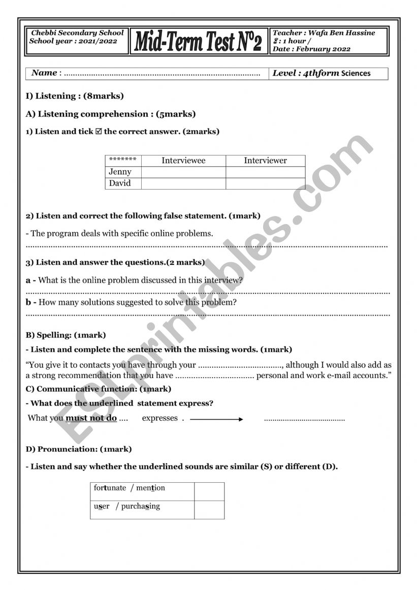 Mid-Term Test N2 (4th form) worksheet