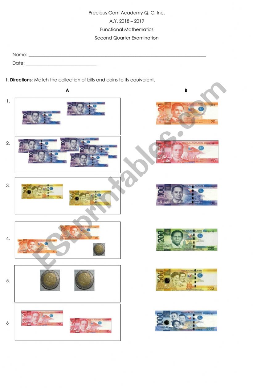 Philippine Money Test worksheet