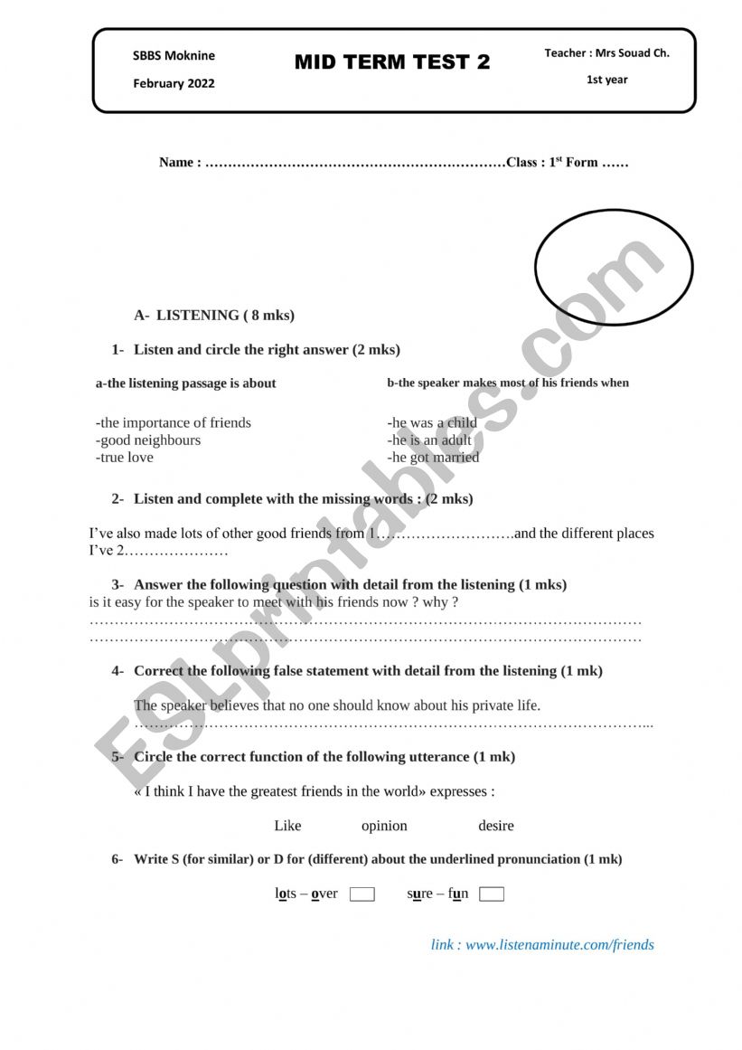 MID TERM 2 TEST 1ST FORM worksheet