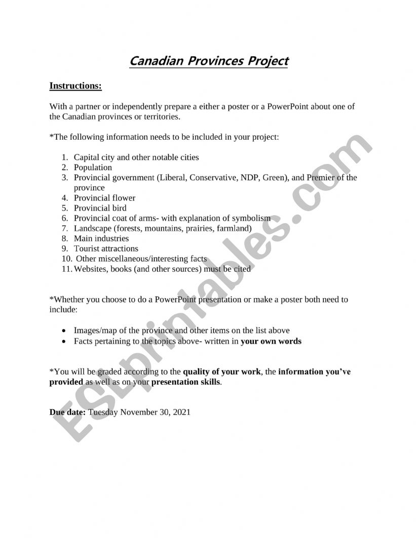 Canadian Provinces Project worksheet