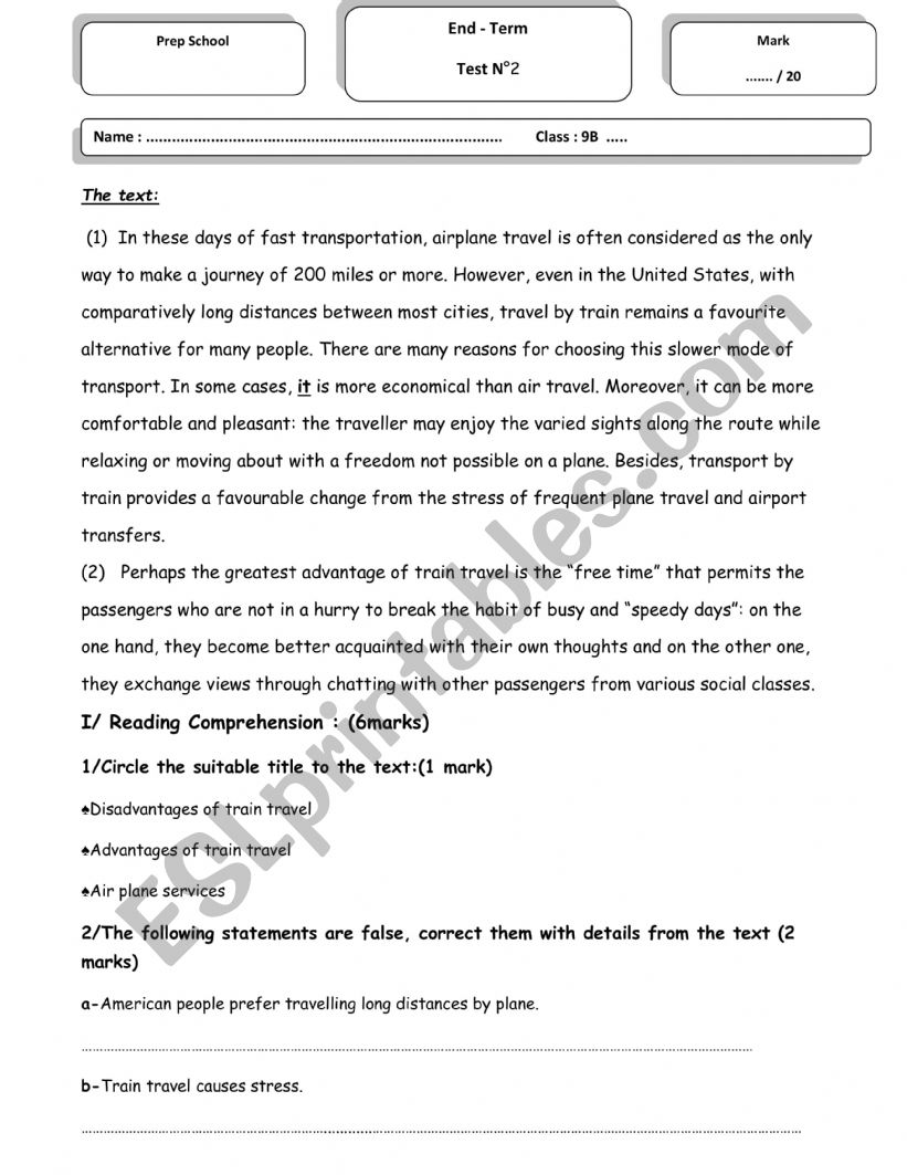 9th form End Term Test 2 worksheet