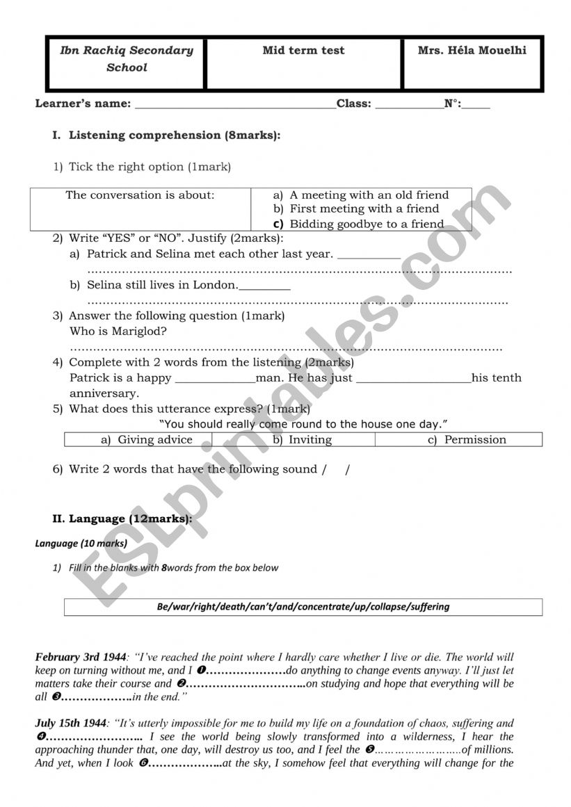 ordinary test2 first year worksheet