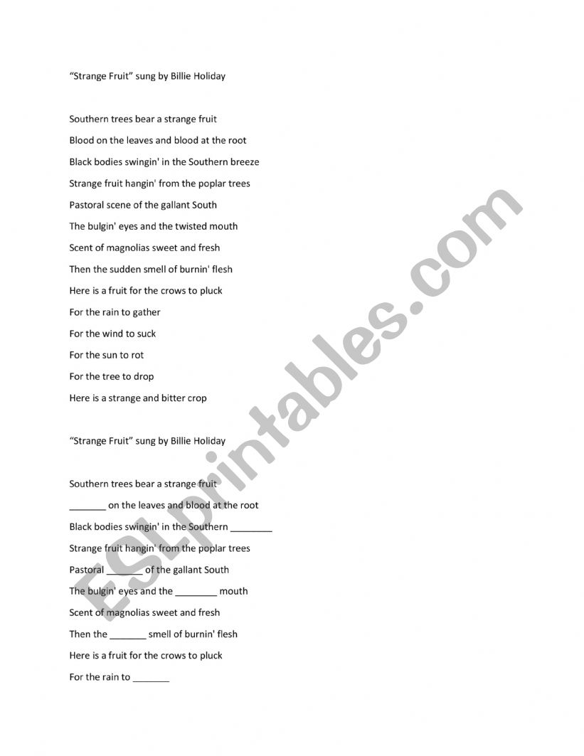 Strange Fruit song gap-fill worksheet