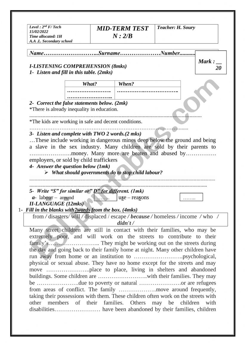 Mid-term test 2 for 2nd form worksheet