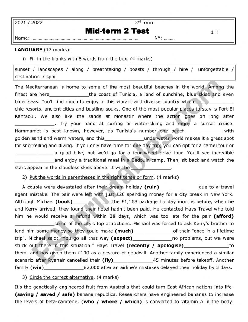 3rd form test term 2 2022 worksheet