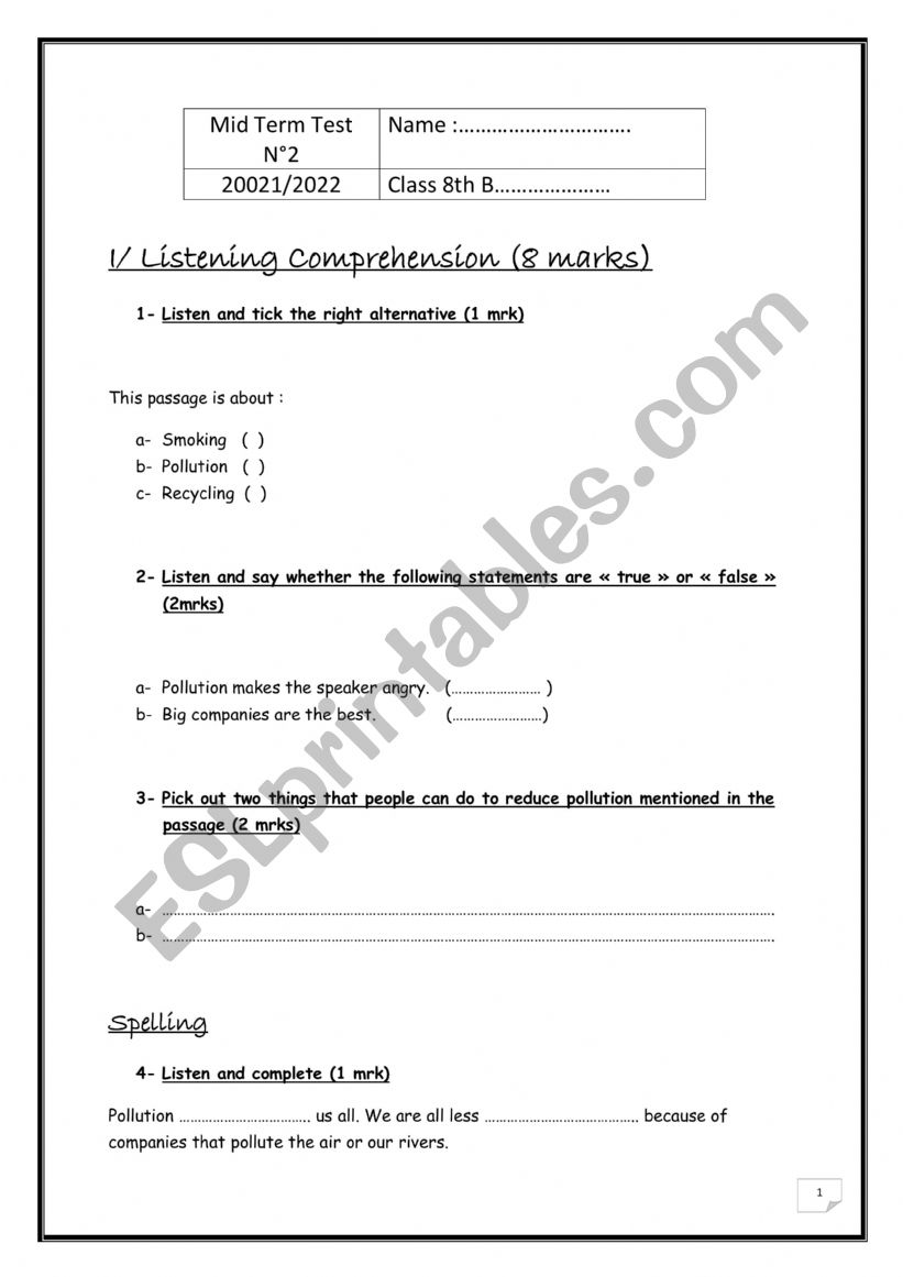 mid term test 2 9th form worksheet