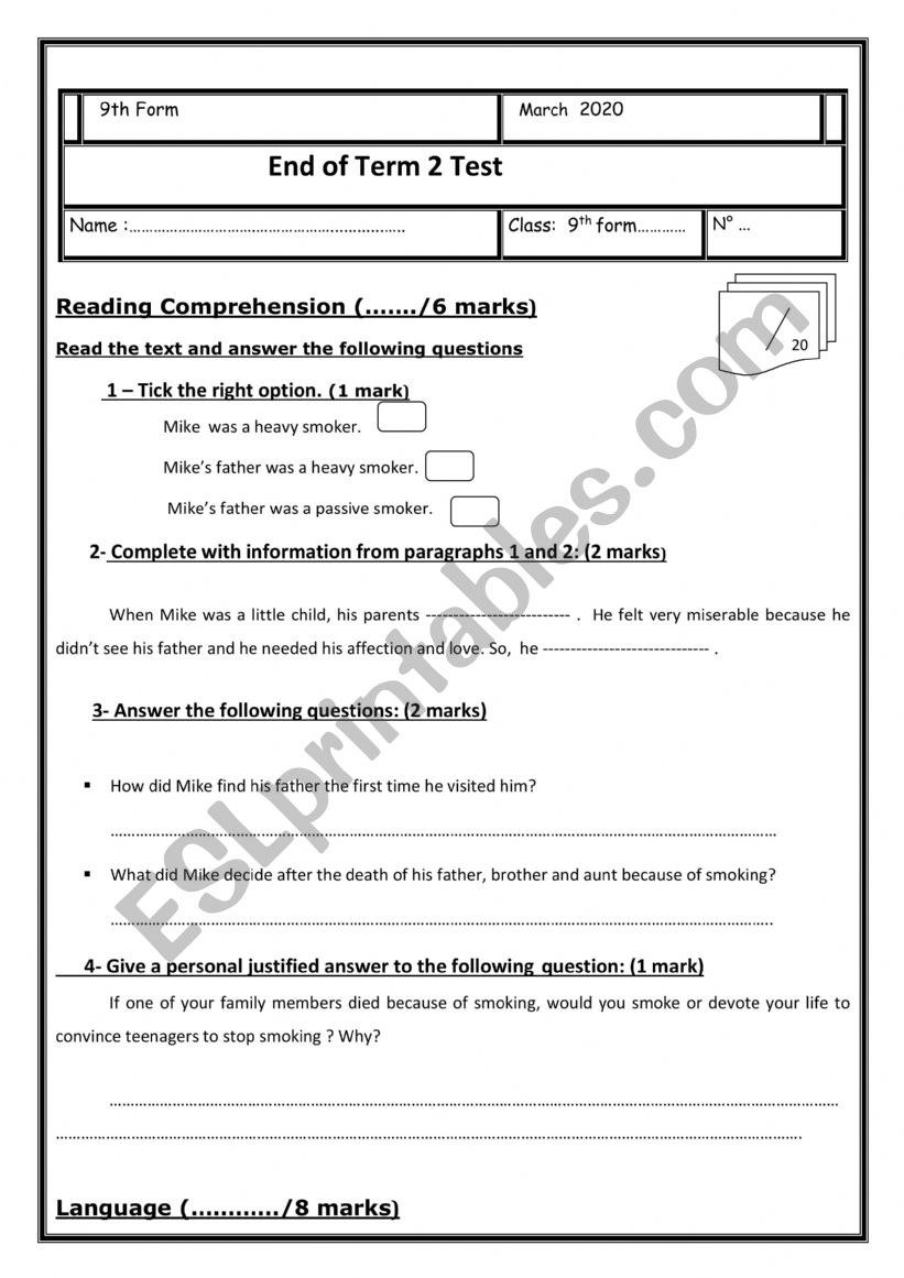 Full -term 2 test 9th form worksheet
