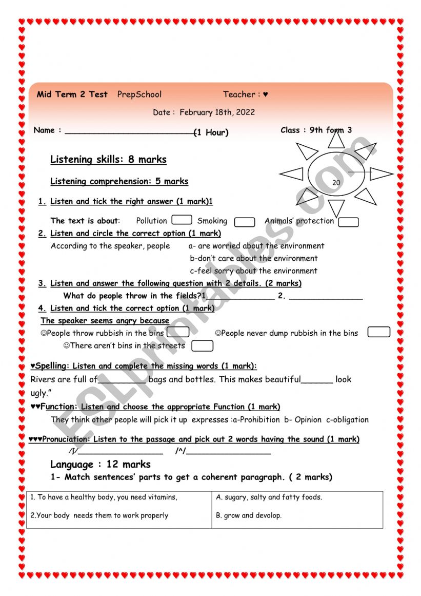 9th form mid term test february 2022