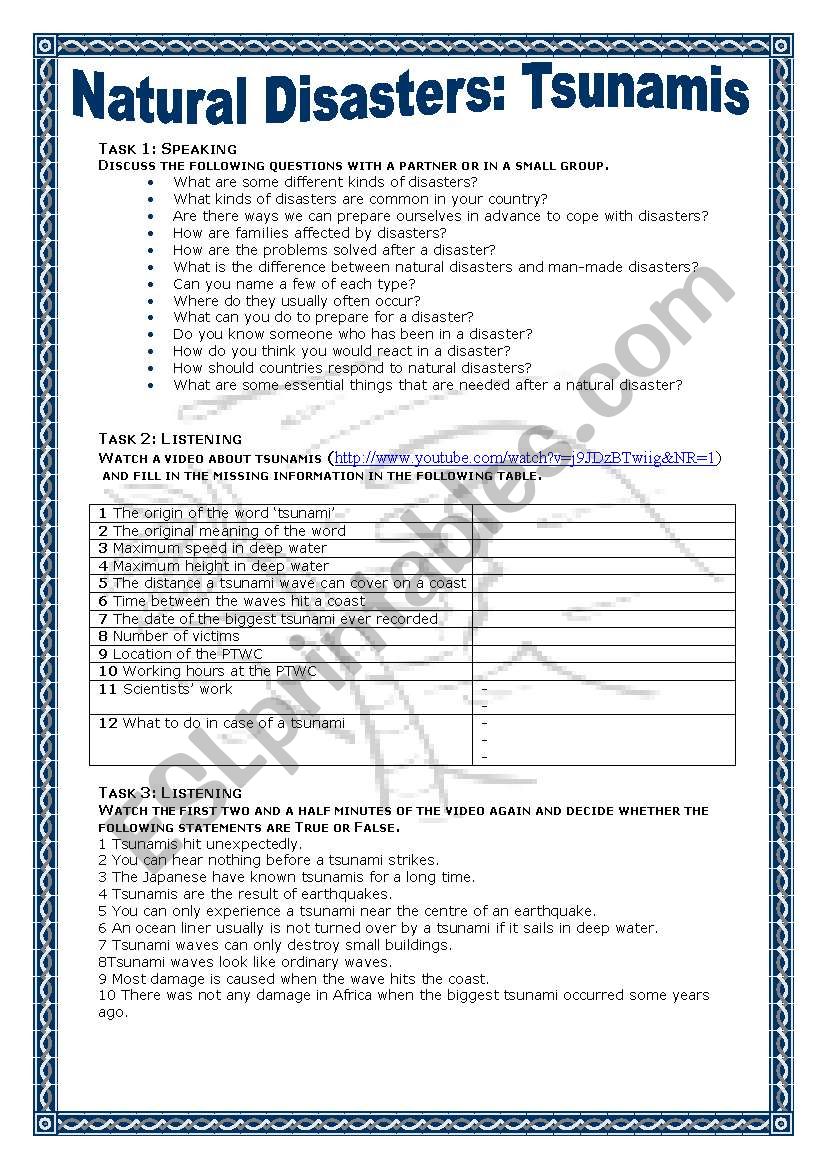 Natural Disasters: Tsunamis worksheet