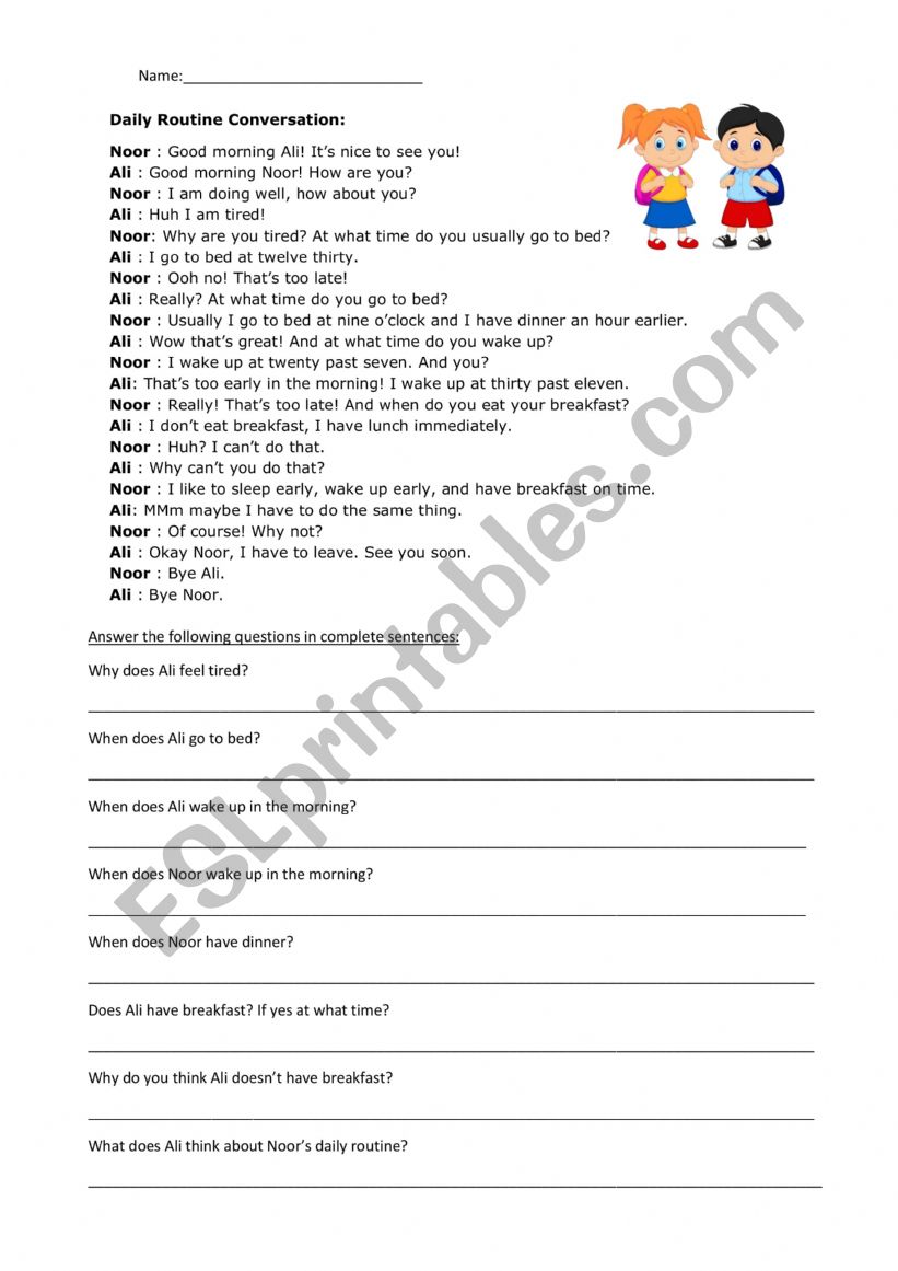 daily routine conversation  worksheet