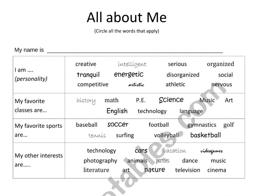 All About Me worksheet
