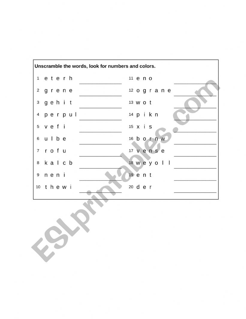 Colours and numbers worksheet