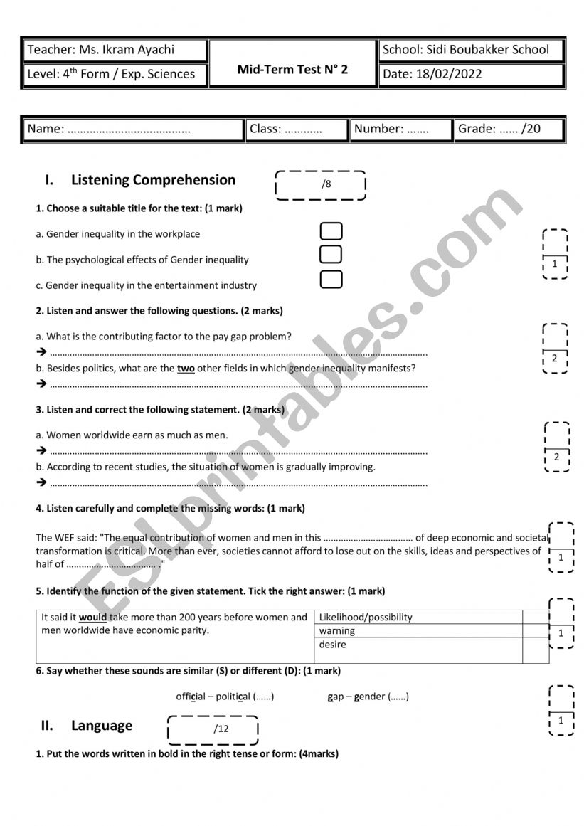 4th Form - Experimental Sciences - Mid-Term Test n 2