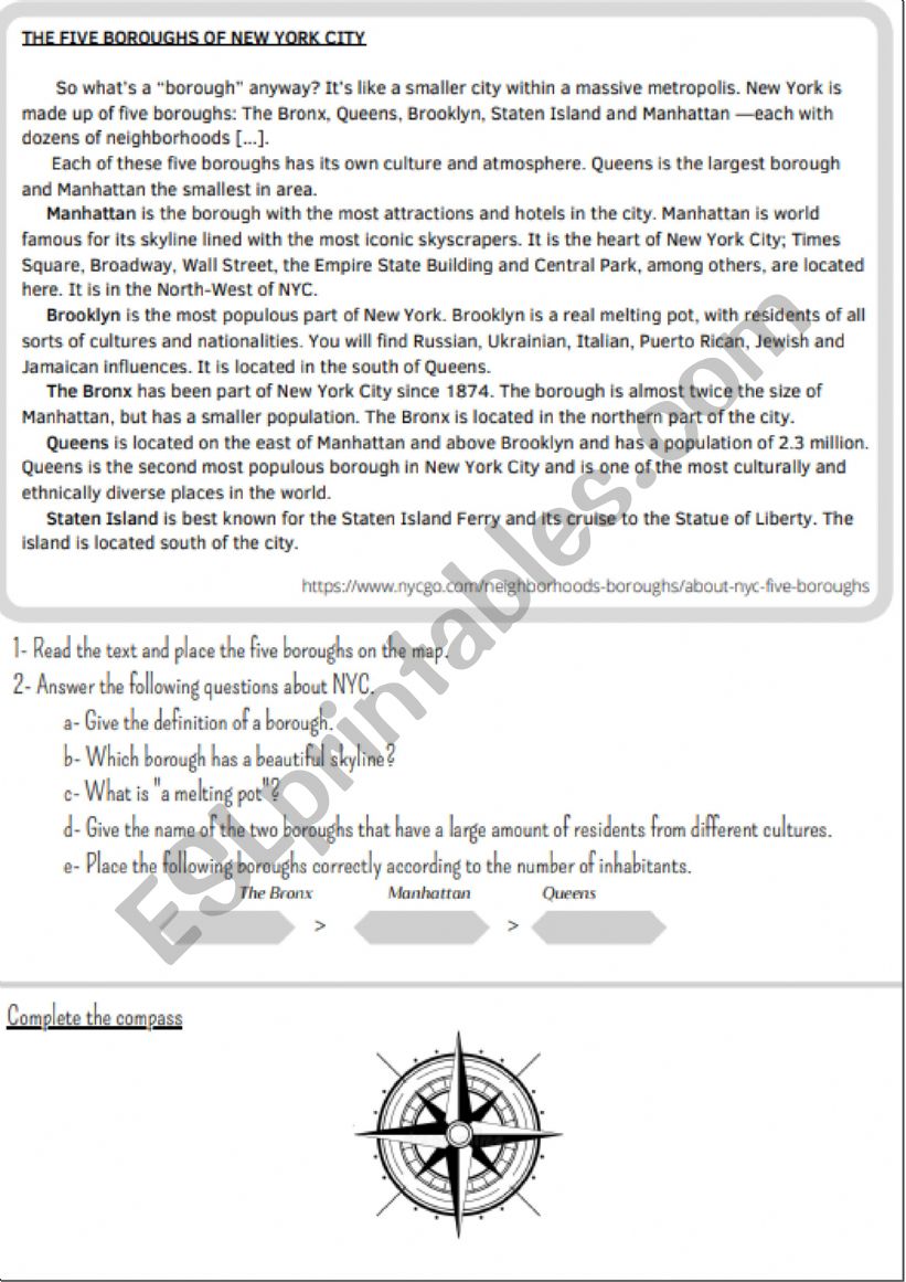 NYC�s five boroughs worksheet