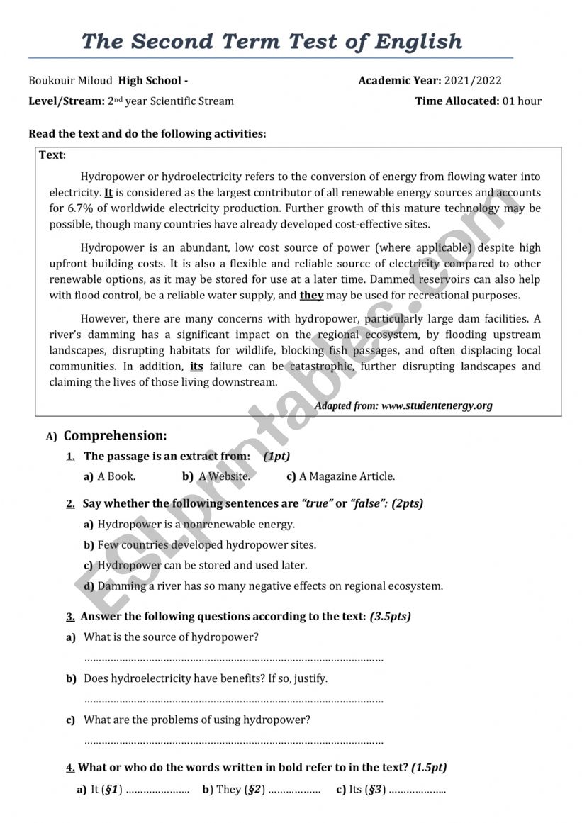 hydro power test worksheet