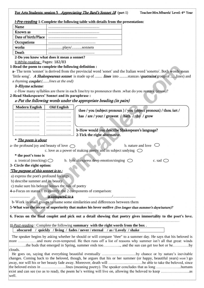 Unit 3 : Arts session 5: Appreciating the Bard�s sonnet 18