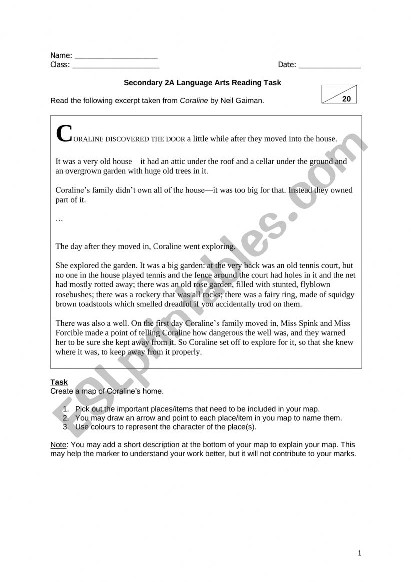 Caroline Reading Task worksheet