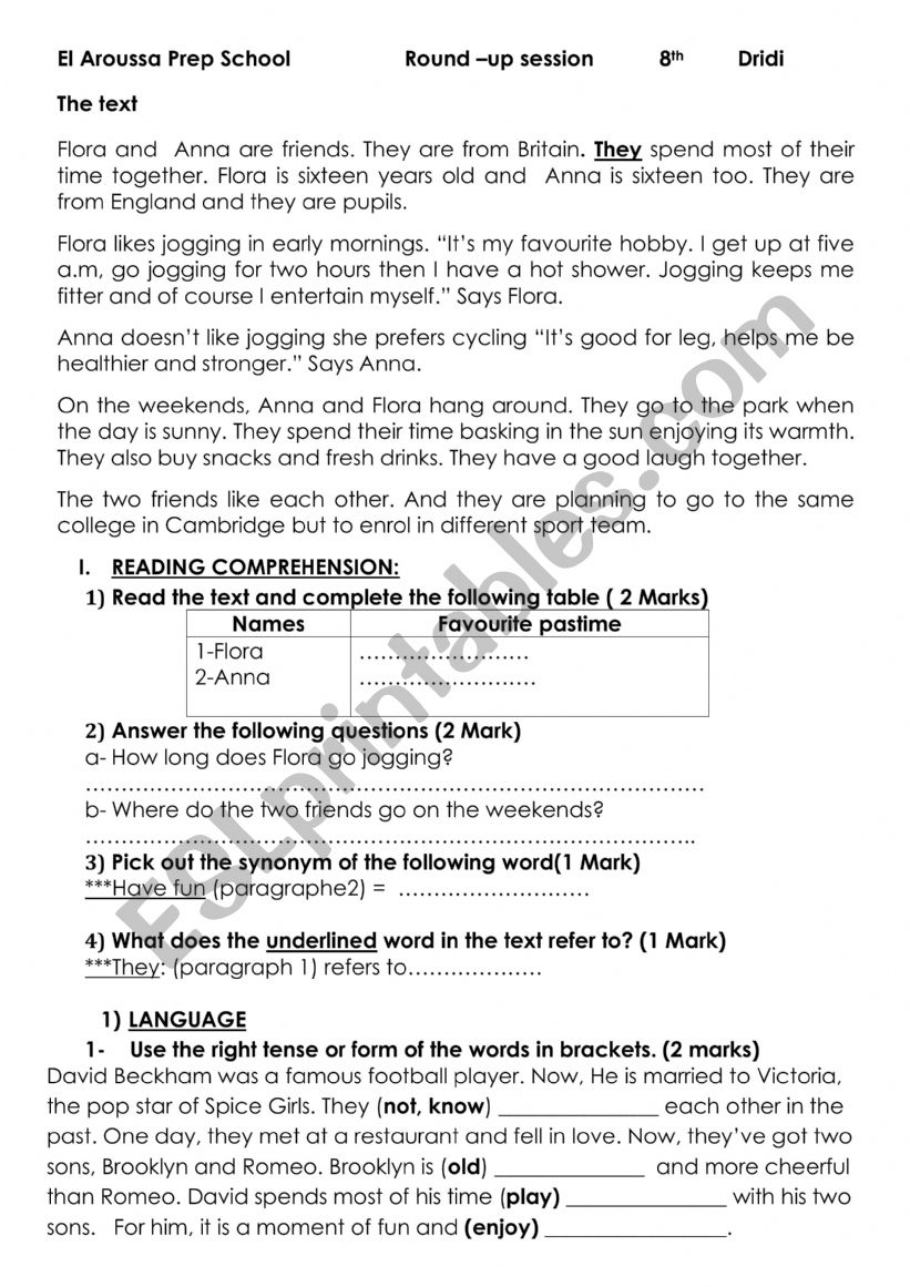 Review for End Test 2 worksheet