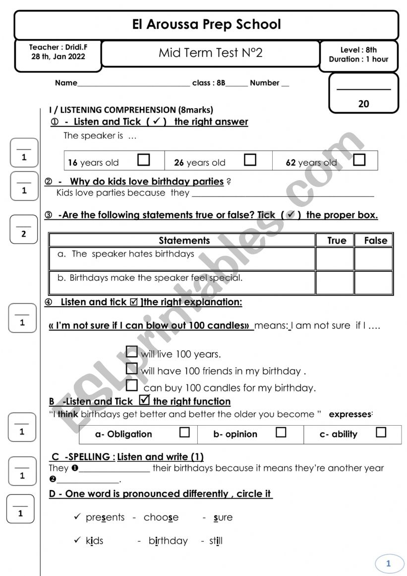 End term test 2  8th year worksheet