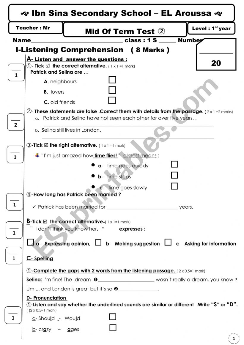 End term test 1st year worksheet