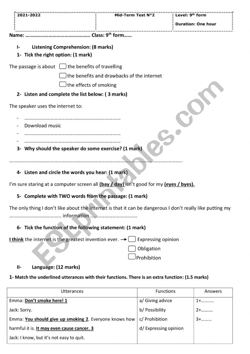mid-term test 2 9th form worksheet