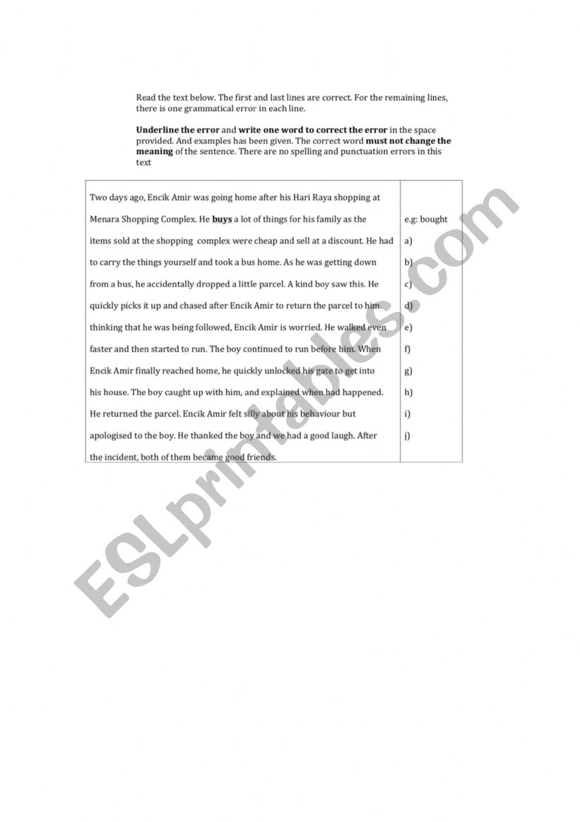Error Identification worksheet
