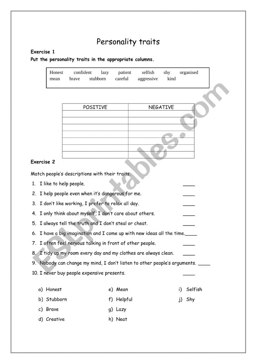 Personality Traits worksheet