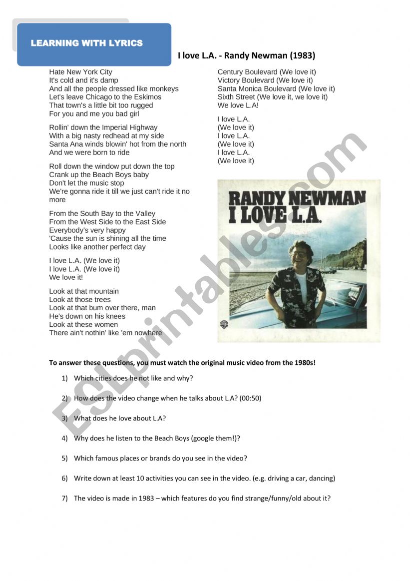 Lyrics sheet - I love L.A. - Randy Newman