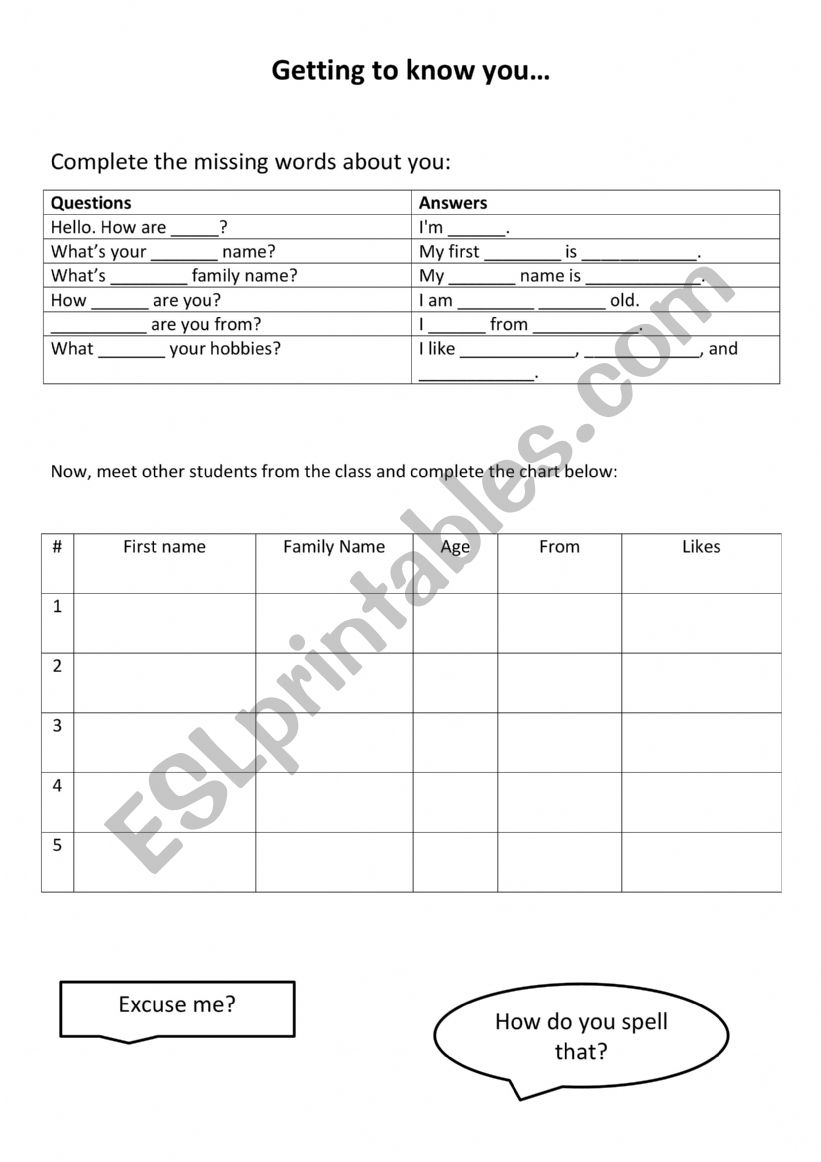 Getting to know you worksheet