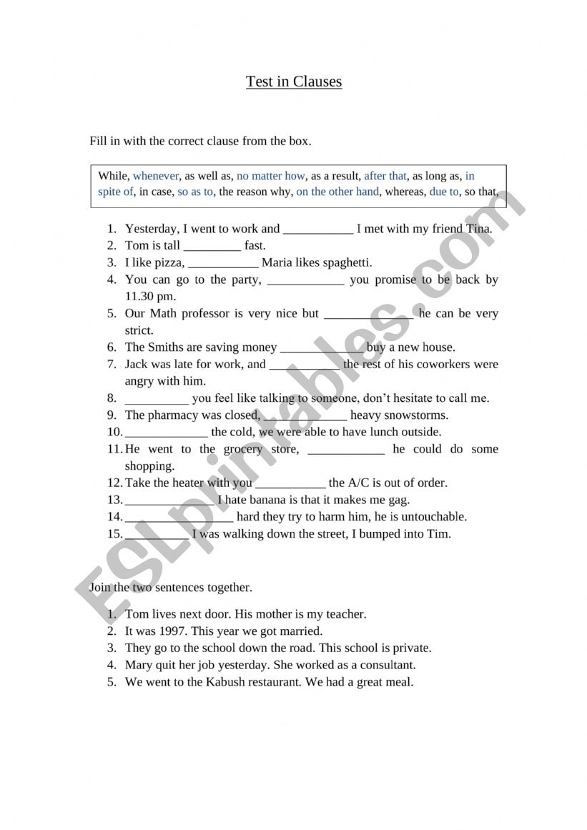 Test in Clauses (B1 level) worksheet