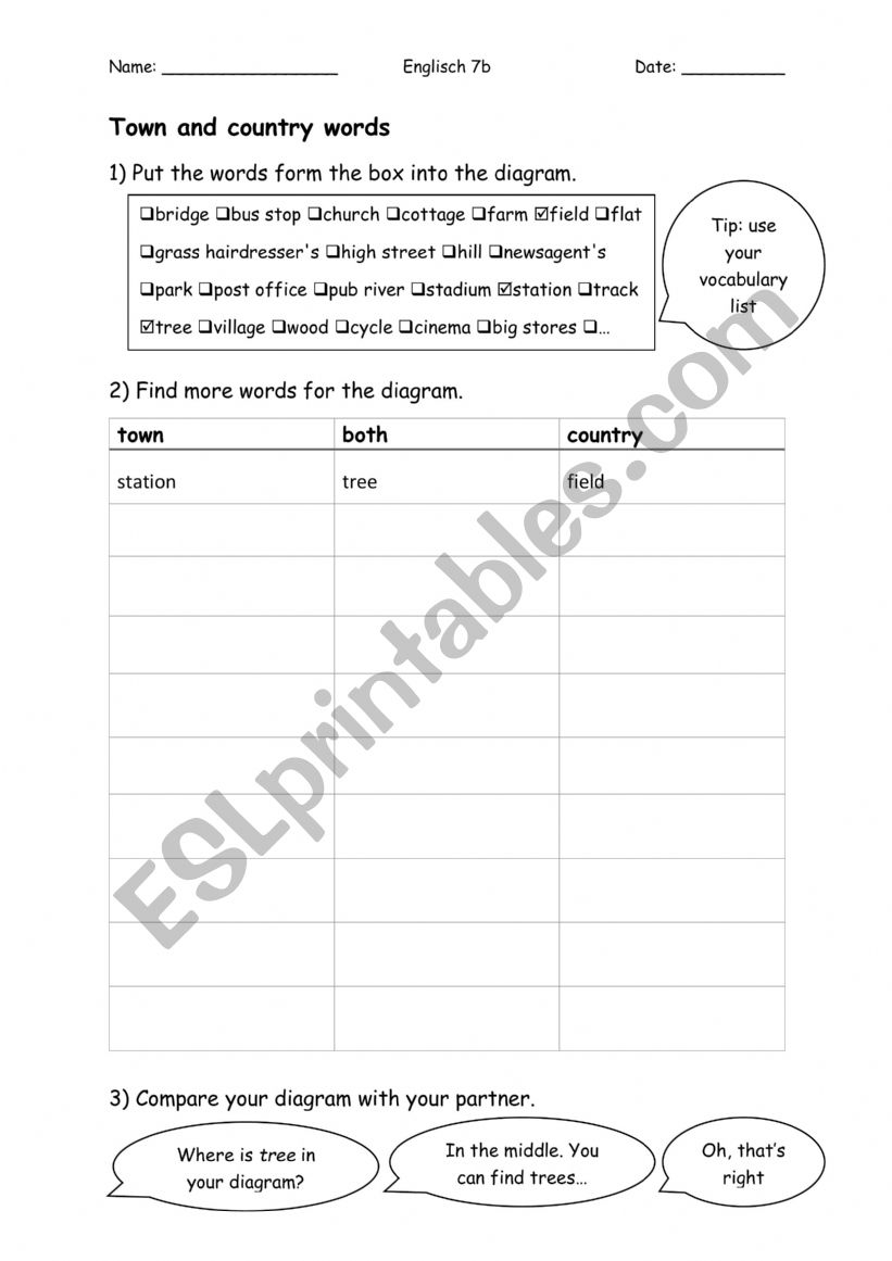 Country and City words worksheet