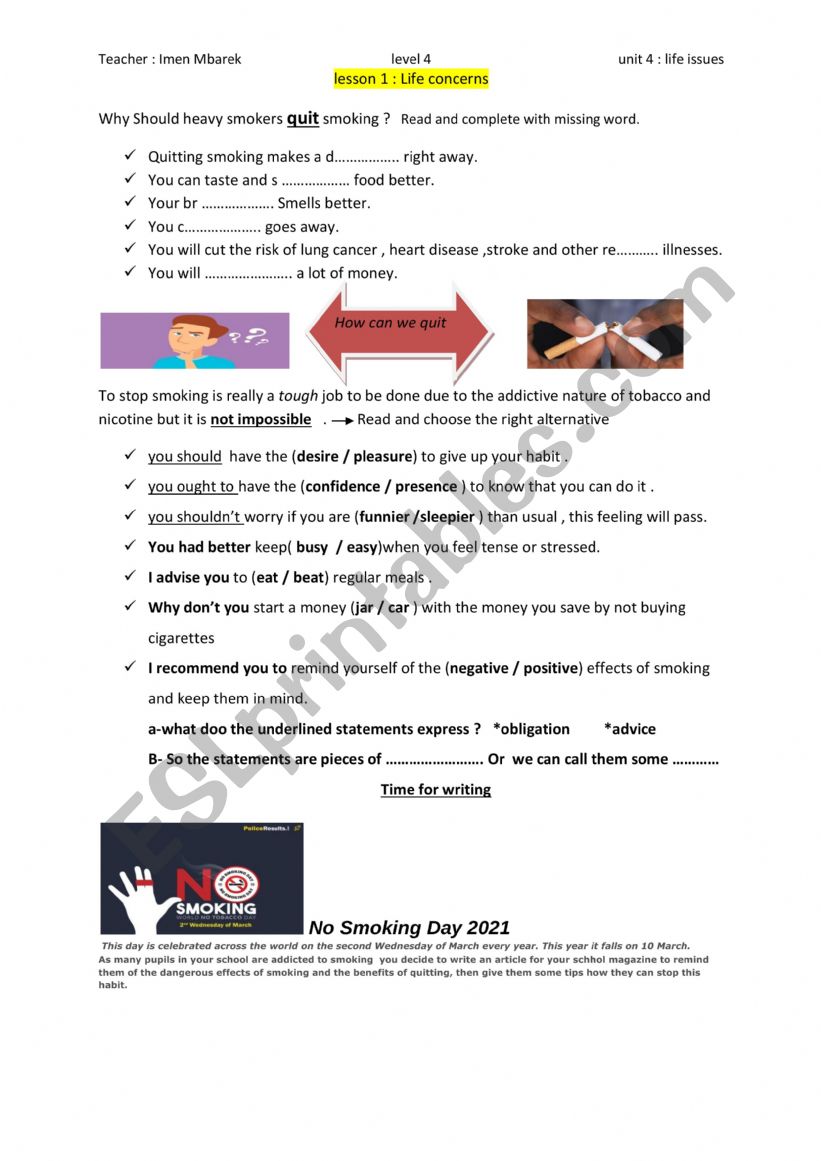 Life Concerns worksheet