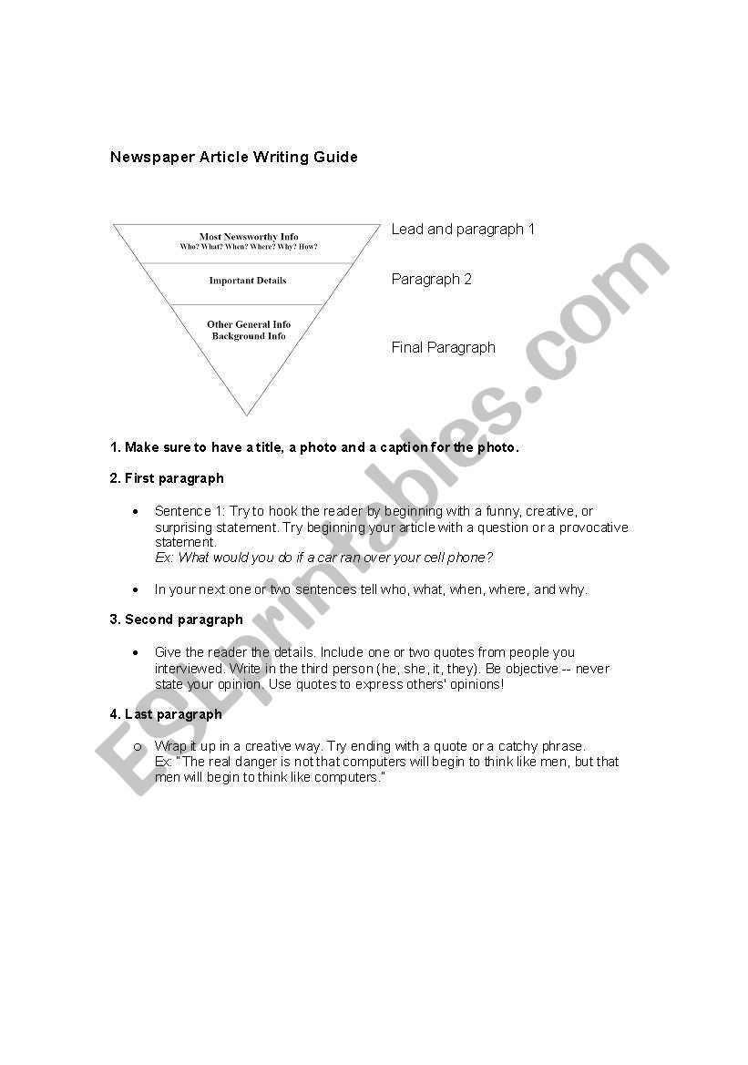 Newspaper Writing Guide - Includes Pyramid Model