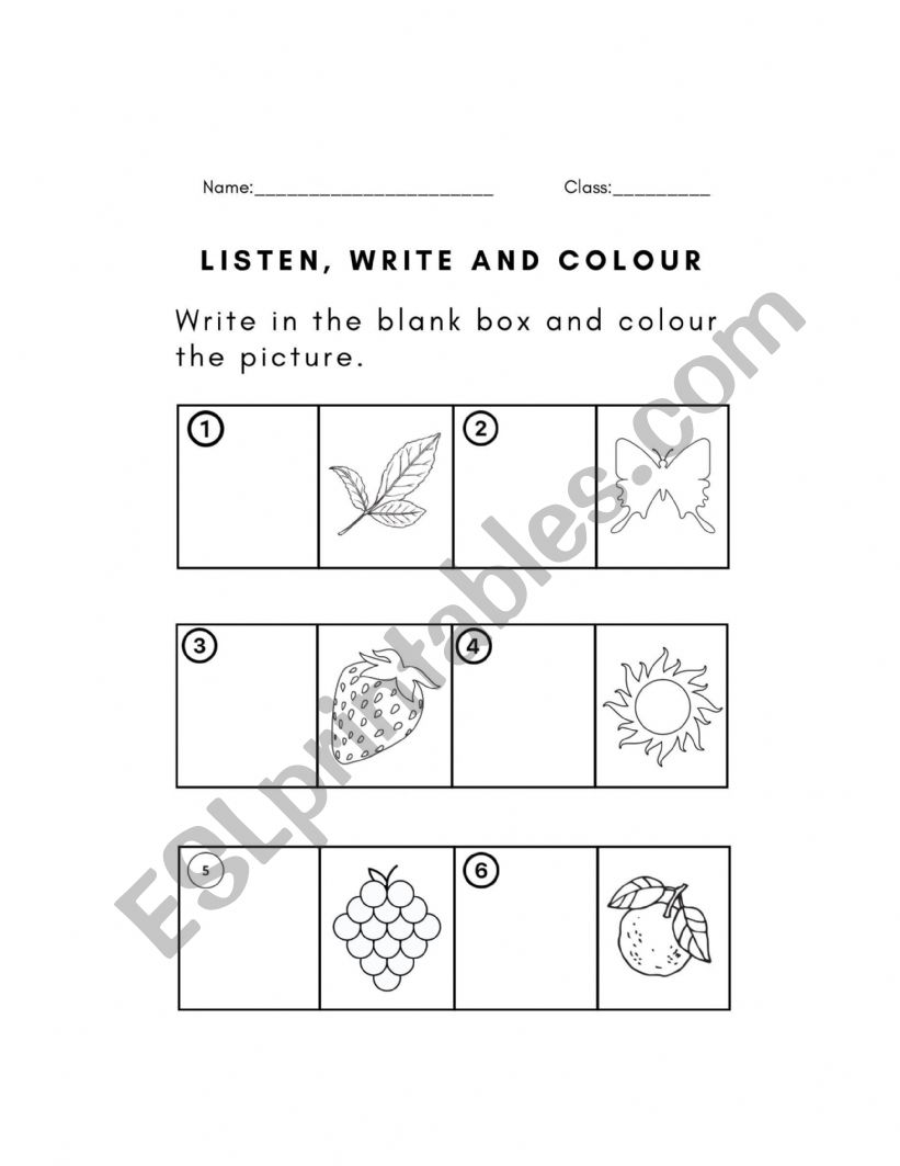 Listen, write and colour worksheet