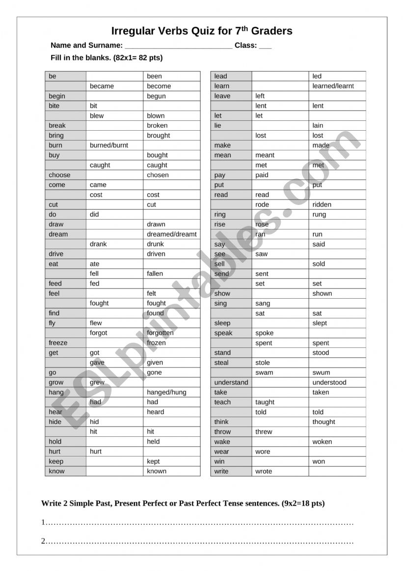 Irregular Verbs Quiz worksheet