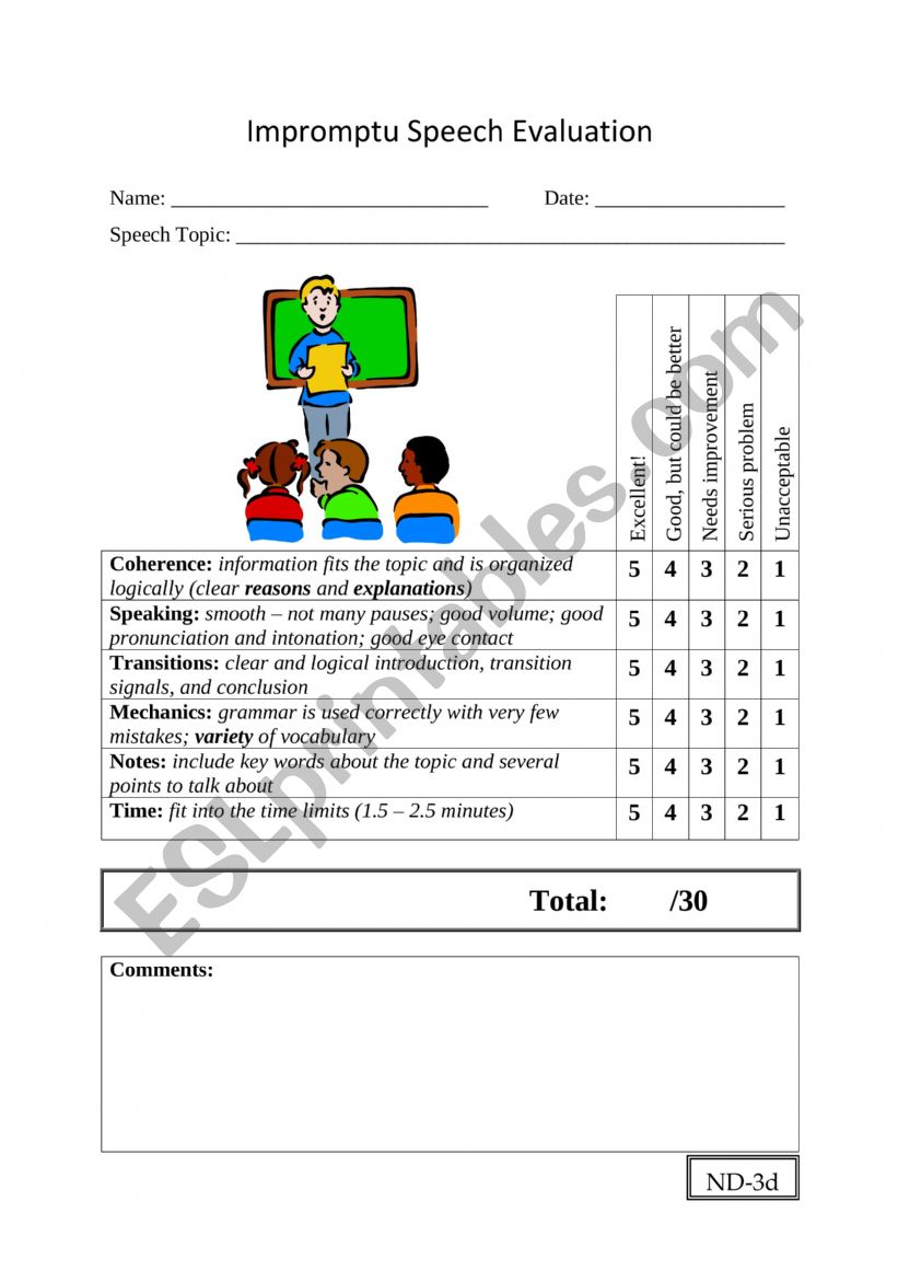 Impromptu Speech Rubric worksheet