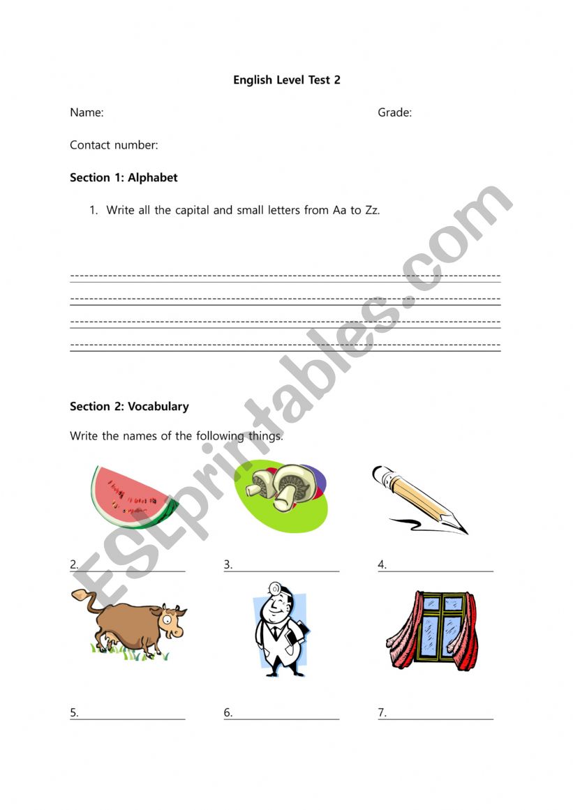 English level test 9~12 years old