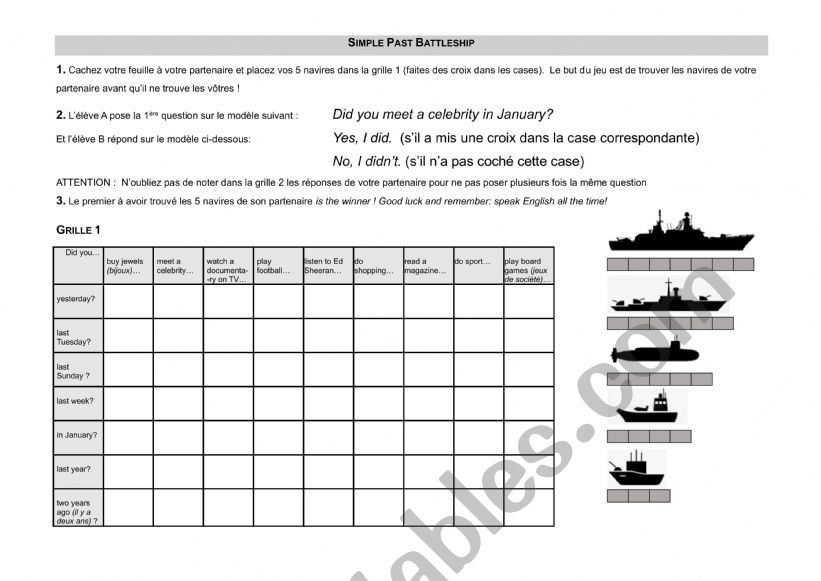 Simple Past Battleship worksheet