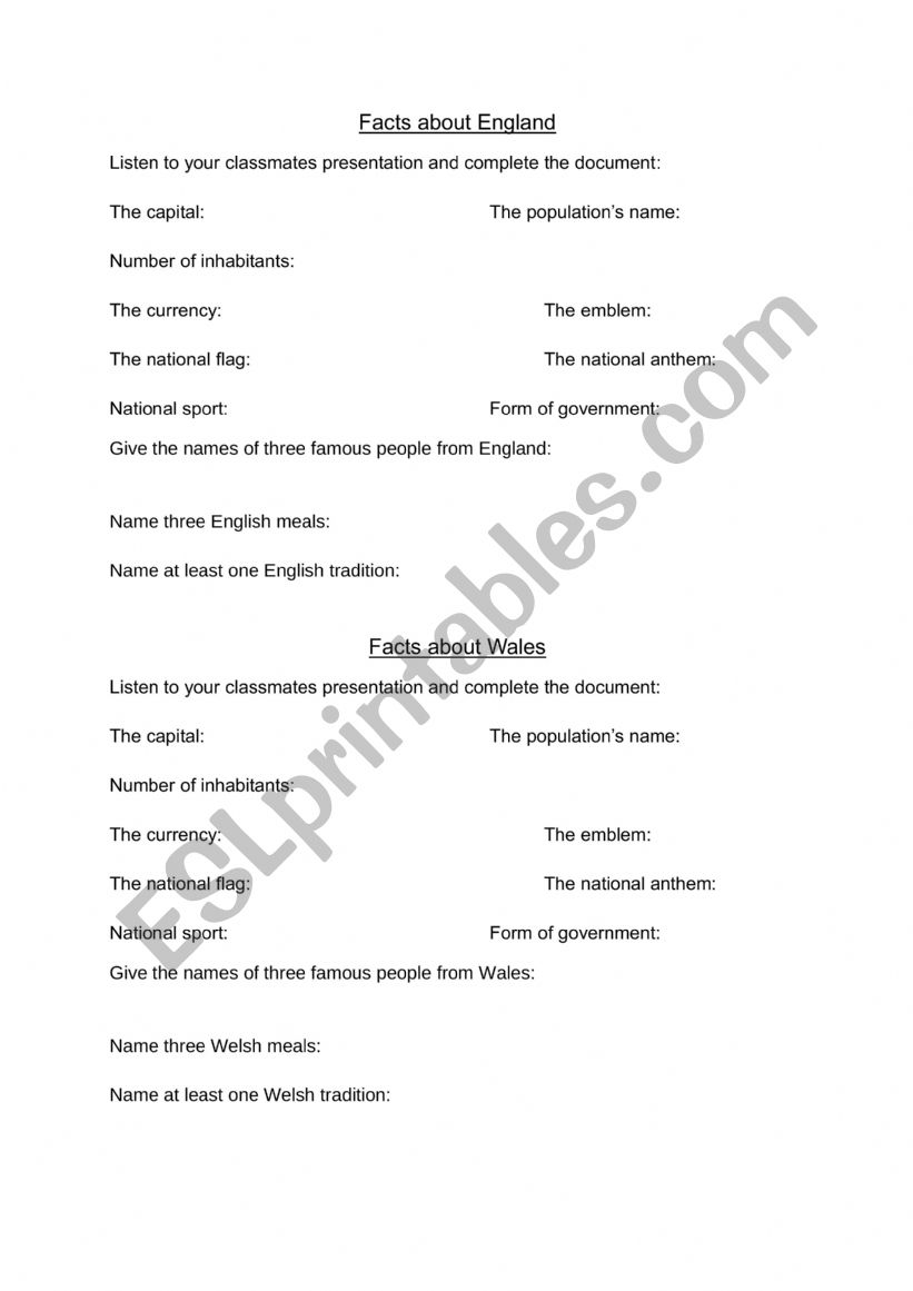 Webquest: Facts about the UK worksheet