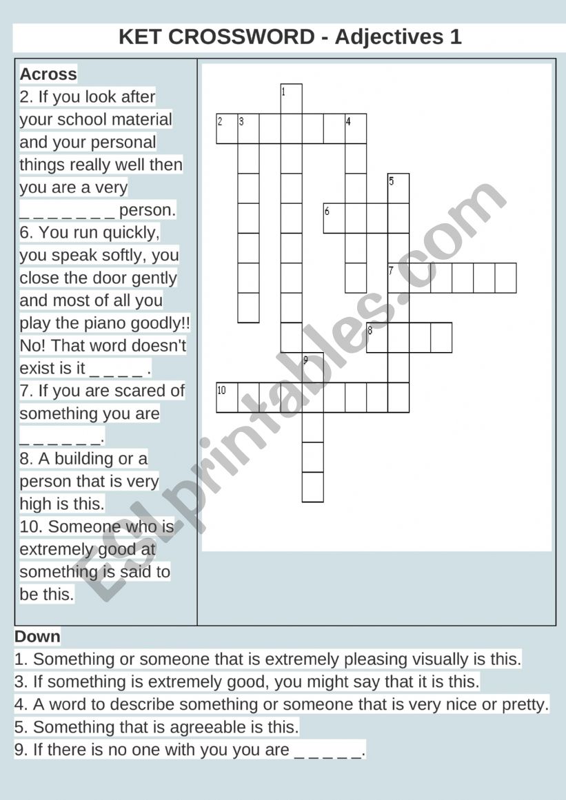 a2 crossword about adjectives worksheet