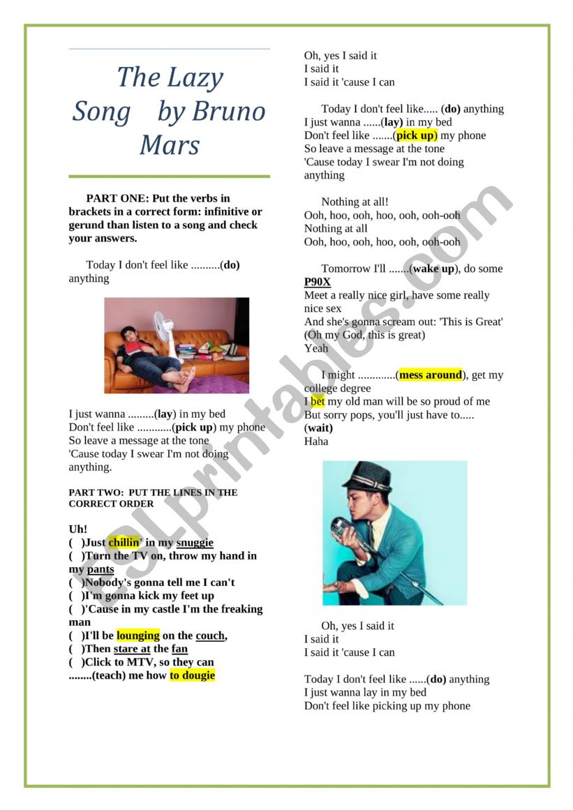The lazy song worksheet