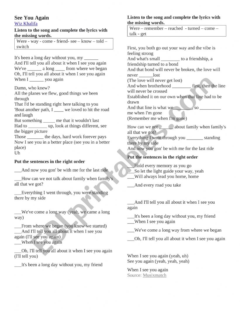 see you again song worksheet