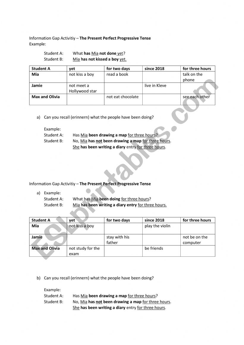 Information Gap Activity present perfect progressive