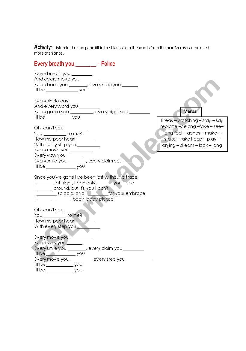 Every breath you take worksheet