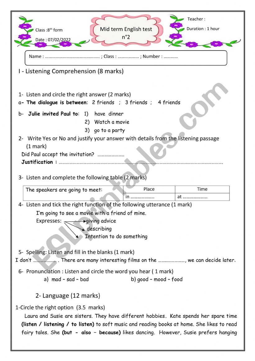 Mid term test 2 , 8th formers worksheet