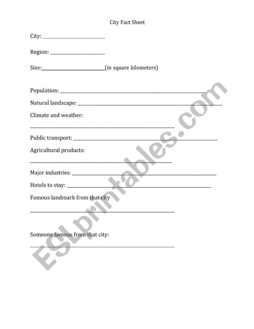City Fact Sheet Template worksheet
