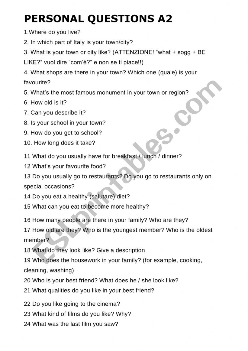 Personal questions A2 worksheet