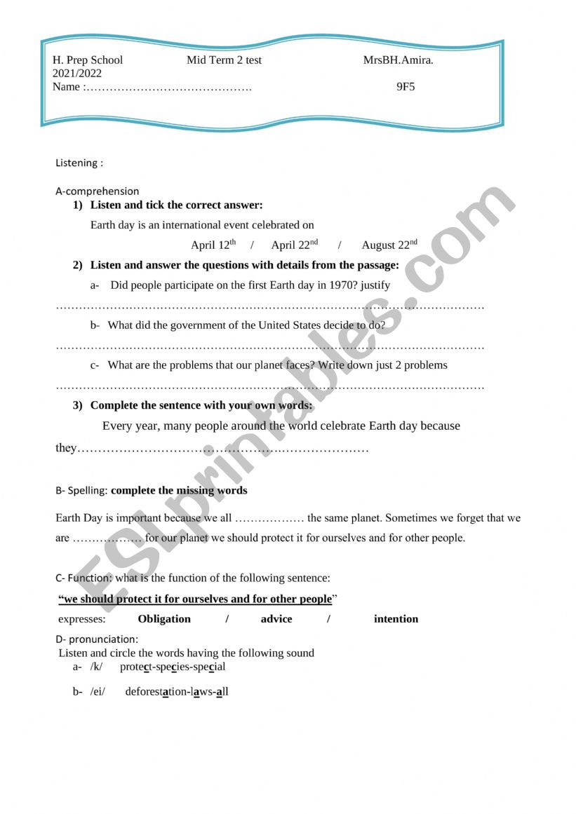 mid term 2 test  9th form worksheet