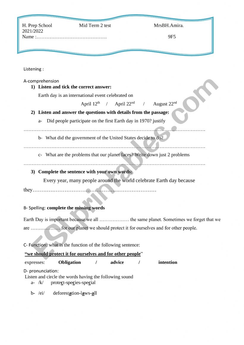 mid term 2 test  9th form worksheet